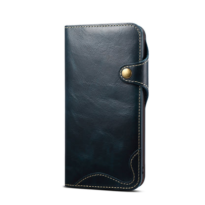 For iPhone 15 Pro Max Denior Oil Wax Cowhide Magnetic Button Genuine Leather Case(Dark Blue) - iPhone 15 Pro Max Cases by Denior | Online Shopping UK | buy2fix