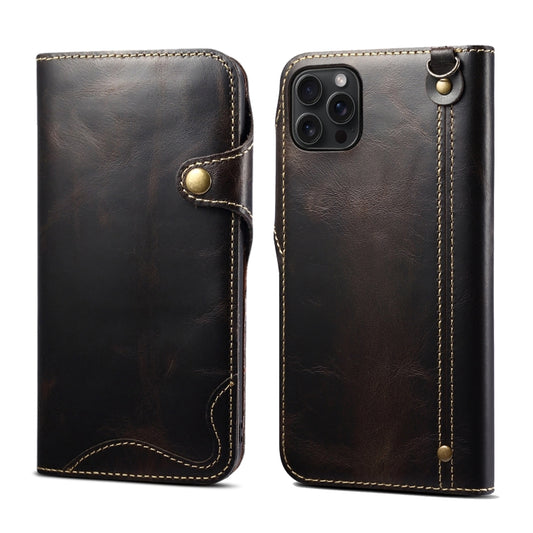 For iPhone 15 Pro Denior Oil Wax Cowhide Magnetic Button Genuine Leather Case(Black) - iPhone 15 Pro Cases by Denior | Online Shopping UK | buy2fix