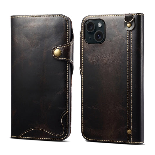 For iPhone 15 Plus Denior Oil Wax Cowhide Magnetic Button Genuine Leather Case(Black) - iPhone 15 Plus Cases by Denior | Online Shopping UK | buy2fix