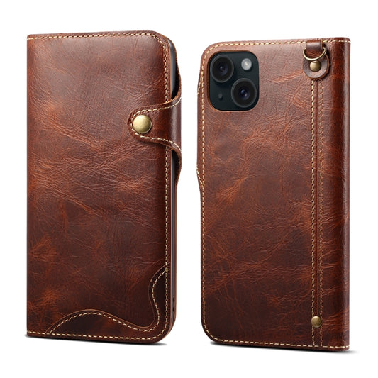 For iPhone 15 Plus Denior Oil Wax Cowhide Magnetic Button Genuine Leather Case(Brown) - iPhone 15 Plus Cases by Denior | Online Shopping UK | buy2fix