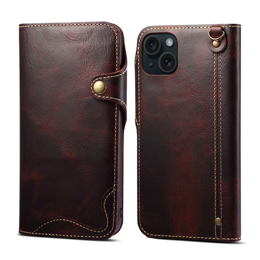 For iPhone 15 Plus Denior Oil Wax Cowhide Magnetic Button Genuine Leather Case(Dark Red) - iPhone 15 Plus Cases by Denior | Online Shopping UK | buy2fix