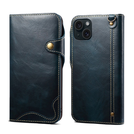 For iPhone 15 Denior Oil Wax Cowhide Magnetic Button Genuine Leather Case(Dark Blue) - iPhone 15 Cases by Denior | Online Shopping UK | buy2fix