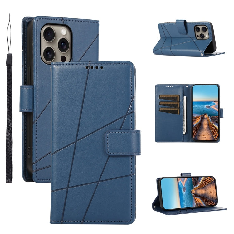 For iPhone 16 Pro Max PU Genuine Leather Texture Embossed Line Phone Case(Blue) - iPhone 16 Pro Max Cases by buy2fix | Online Shopping UK | buy2fix