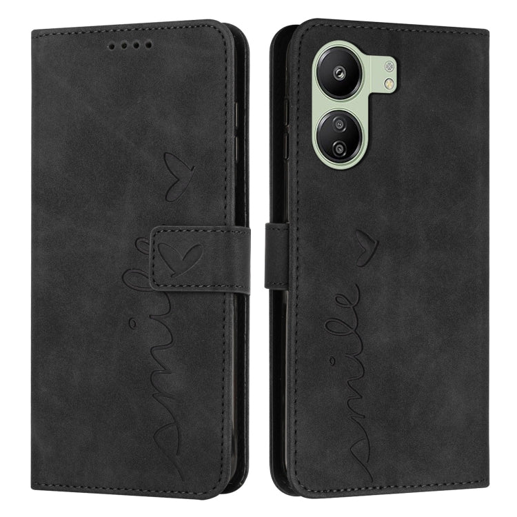 For Xiaomi Redmi 13C Skin Feel Heart Embossed Leather Phone Case with Long Lanyard(Black) - 13C Cases by buy2fix | Online Shopping UK | buy2fix