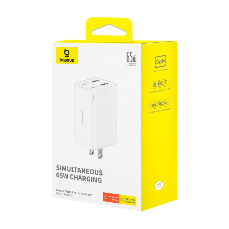 Baseus GaN6 Pro 65W 2 x Type-C + 2 x USB Fast Charger with 100W Charging Cable, US Plug(White) - USB Charger by Baseus | Online Shopping UK | buy2fix