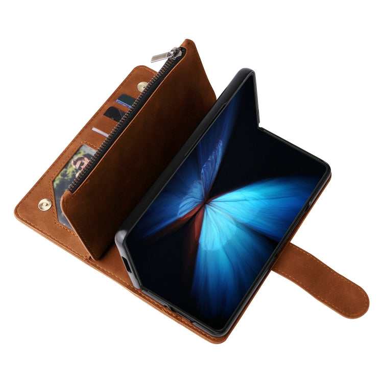 For Samsung Galaxy Z Fold4 Multifunctional Frosted Zipper Wallet Leather Phone Case(Brown) - Galaxy Z Fold4 5G Cases by buy2fix | Online Shopping UK | buy2fix