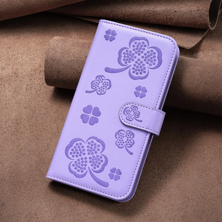 For Xiaomi Redmi Note 13 Pro 4G Global Four-leaf Embossed Leather Phone Case(Purple) - Note 13 Pro Cases by buy2fix | Online Shopping UK | buy2fix