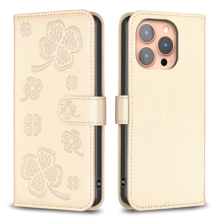 For iPhone 16 Pro Max Four-leaf Embossed Leather Phone Case(Gold) - iPhone 16 Pro Max Cases by buy2fix | Online Shopping UK | buy2fix