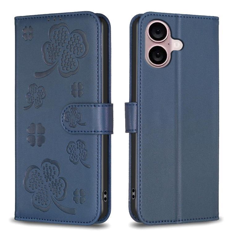 For iPhone 16 Plus Four-leaf Embossed Leather Phone Case(Blue) - iPhone 16 Plus Cases by buy2fix | Online Shopping UK | buy2fix