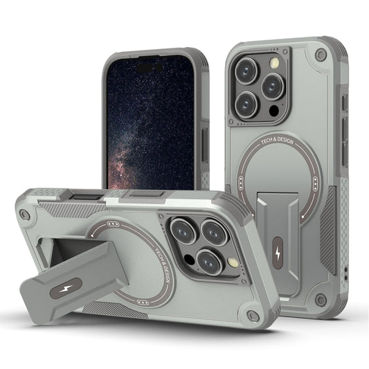 For iPhone 16 Pro Armor Magsafe Holder PC Hybrid TPU Phone Case(Grey) - iPhone 16 Pro Cases by buy2fix | Online Shopping UK | buy2fix