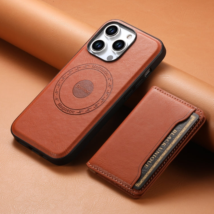 For iPhone 15 Denior Cowhide Texture Leather MagSafe Detachable Wallet Phone Case(Brown) - iPhone 15 Cases by Denior | Online Shopping UK | buy2fix