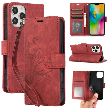 For iPhone 16 Pro Max Orchid Butterfly Embossed Leather Phone Case(Red) - iPhone 16 Pro Max Cases by buy2fix | Online Shopping UK | buy2fix