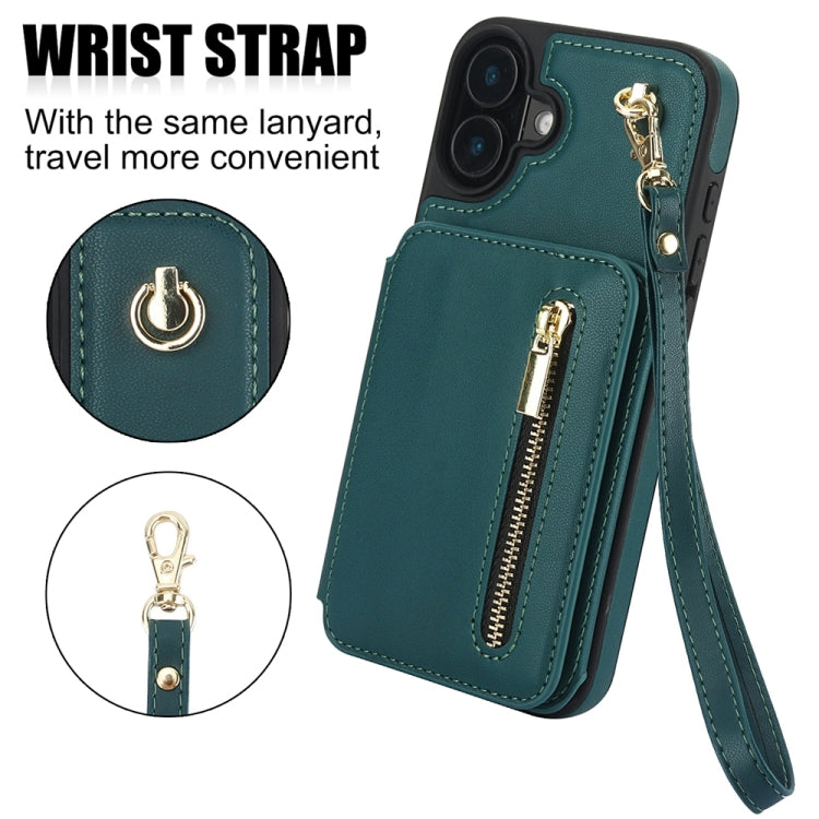 For iPhone 16 Plus YM006 Skin Feel Zipper Card Bag Phone Case with Dual Lanyard(Green) - iPhone 16 Plus Cases by buy2fix | Online Shopping UK | buy2fix