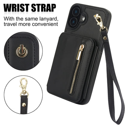 For iPhone 16 YM006 Skin Feel Zipper Card Bag Phone Case with Dual Lanyard(Black) - iPhone 16 Cases by buy2fix | Online Shopping UK | buy2fix