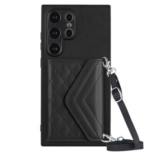 For Samsung Galaxy S24 Ultra 5G Rhombic Texture Card Bag RFID Phone Case with Long Lanyard(Black) - Galaxy S24 Ultra 5G Cases by buy2fix | Online Shopping UK | buy2fix