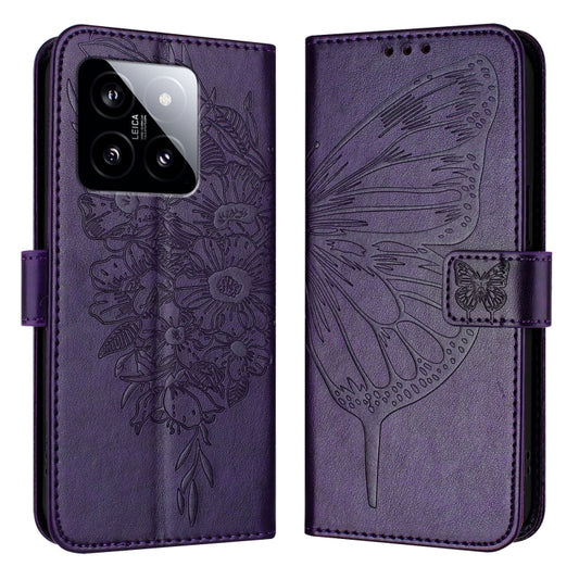 For Xiaomi 14 5G Global Embossed Butterfly Leather Phone Case(Dark Purple) - 14 Cases by buy2fix | Online Shopping UK | buy2fix