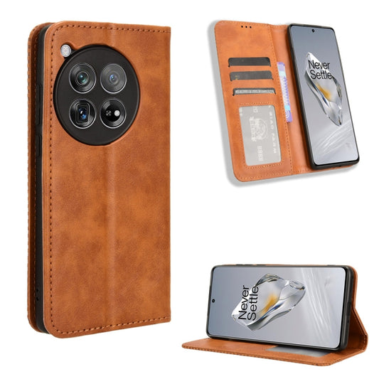 For OnePlus 12 Magnetic Buckle Retro Texture Leather Phone Case(Brown) - OnePlus Cases by buy2fix | Online Shopping UK | buy2fix