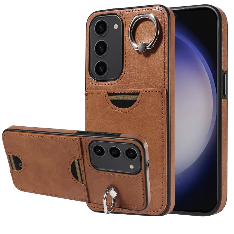 For Samsung Galaxy S23+ 5G Calf Texture Card Slot Ring Holder Phone Case(Brown) - Galaxy S23+ 5G Cases by buy2fix | Online Shopping UK | buy2fix