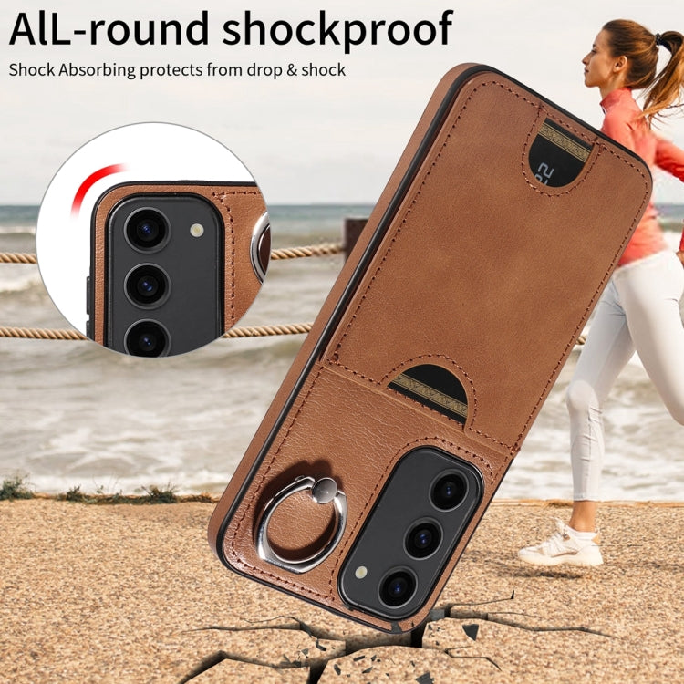 For Samsung Galaxy S23+ 5G Calf Texture Card Slot Ring Holder Phone Case(Brown) - Galaxy S23+ 5G Cases by buy2fix | Online Shopping UK | buy2fix