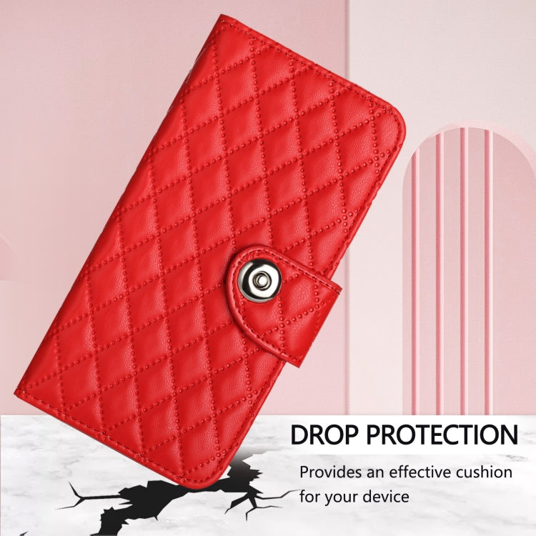 For iPhone 16 Pro Max Rhombic Texture Flip Leather Phone Case with Lanyard(Red) - iPhone 16 Pro Max Cases by buy2fix | Online Shopping UK | buy2fix