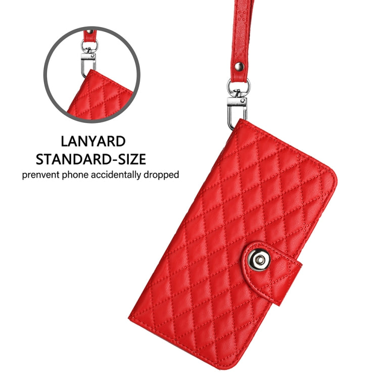 For Motorola Moto G Play 5G 2024 Rhombic Texture Flip Leather Phone Case with Lanyard(Red) - Motorola Cases by buy2fix | Online Shopping UK | buy2fix