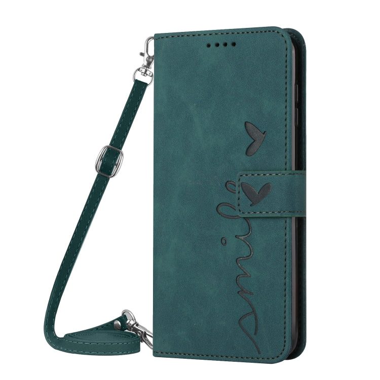 For Realme 12 5G Skin Feel Heart Embossed Leather Phone Case with Long Lanyard(Green) - Realme Cases by buy2fix | Online Shopping UK | buy2fix