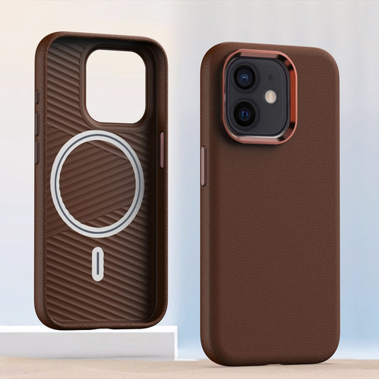 For iPhone 12 Metal Lens Frame Leather Magsafe Full Coverage Shockproof Phone Case(Brown) - iPhone 12 / 12 Pro Cases by buy2fix | Online Shopping UK | buy2fix