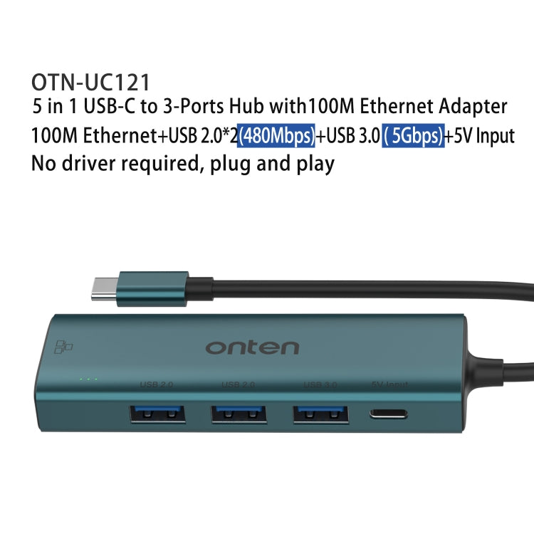 Onten UC121 5 in 1 USB-C / Type-C to USB 3.0 HUB with 5V Input & 100Mbps Network Card - USB HUB by Onten | Online Shopping UK | buy2fix