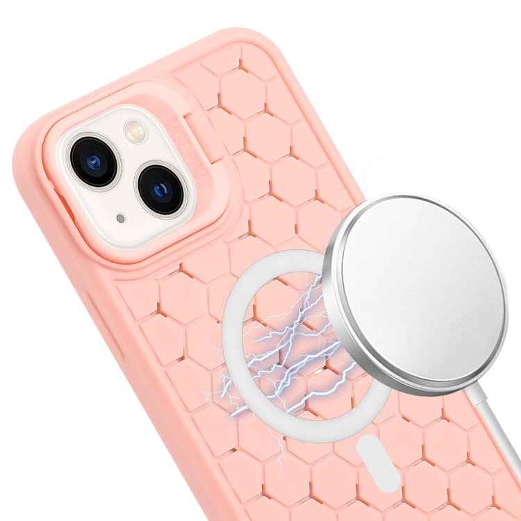 For iPhone 15 Plus Honeycomb Radiating Lens Holder Magsafe Phone Case with Lanyard(Pink) - iPhone 15 Plus Cases by buy2fix | Online Shopping UK | buy2fix