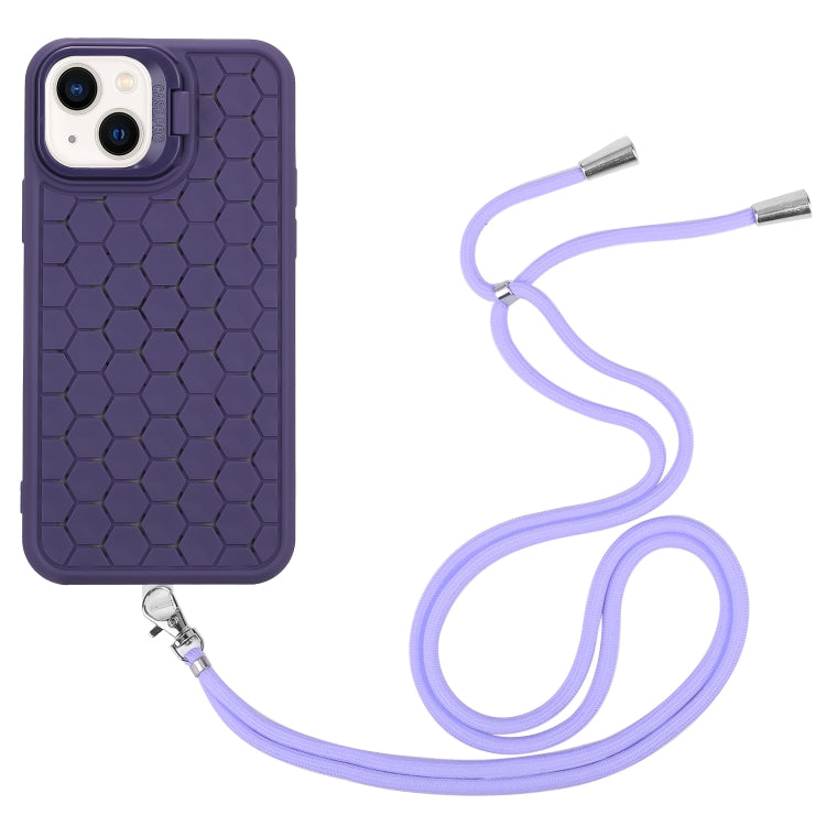 For iPhone 15 Plus Honeycomb Radiating Lens Holder Magsafe Phone Case with Lanyard(Purple) - iPhone 15 Plus Cases by buy2fix | Online Shopping UK | buy2fix