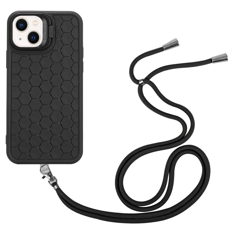 For iPhone 15 Honeycomb Radiating Lens Holder Magsafe Phone Case with Lanyard(Black) - iPhone 15 Cases by buy2fix | Online Shopping UK | buy2fix