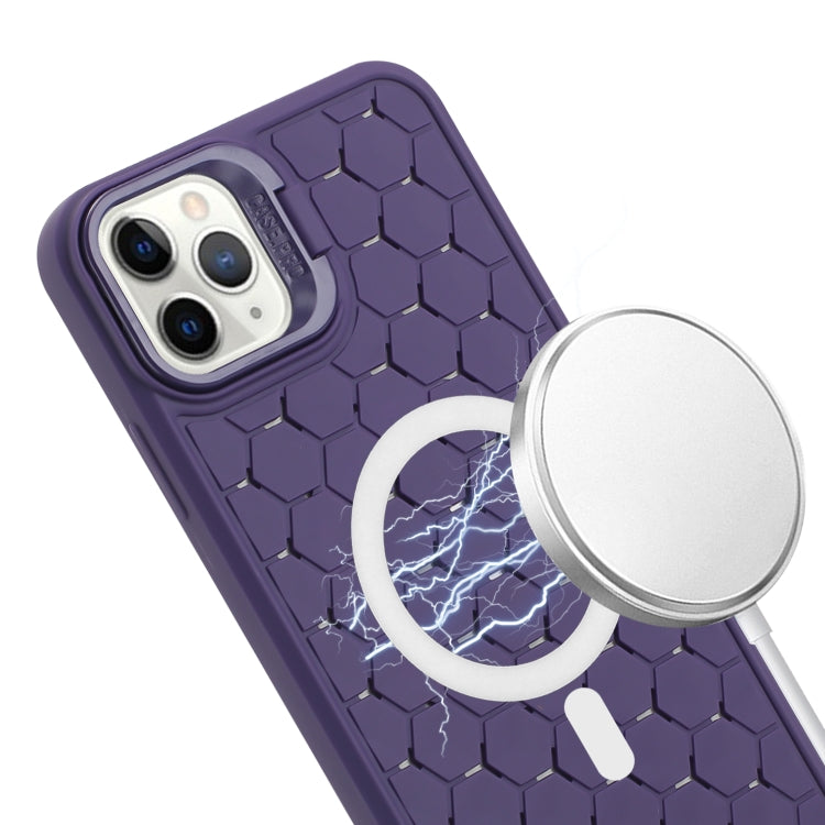 For iPhone 13 Pro Honeycomb Radiating Lens Holder Magsafe Phone Case with Lanyard(Purple) - iPhone 13 Pro Cases by buy2fix | Online Shopping UK | buy2fix