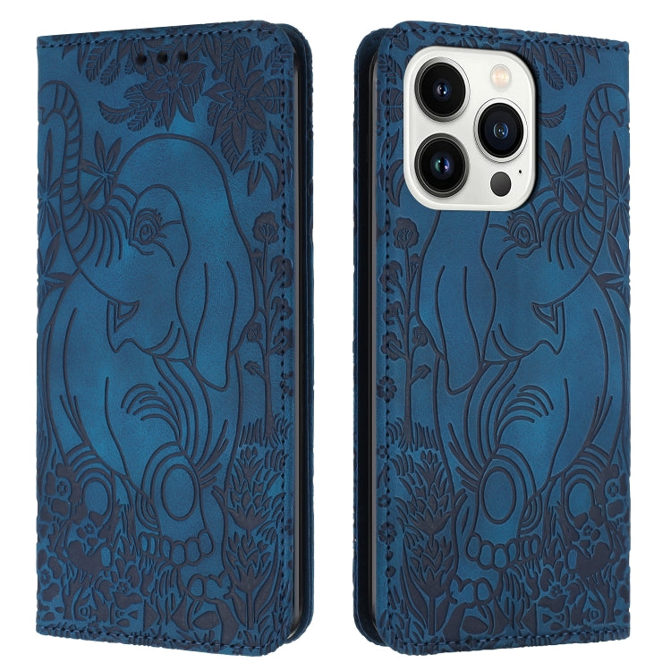 For iPhone 16 Pro Max Retro Elephant Embossed Leather Phone Case(Blue) - iPhone 16 Pro Max Cases by buy2fix | Online Shopping UK | buy2fix