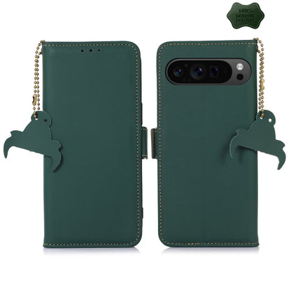 For Google Pixel 9 Genuine Leather Magnetic RFID Leather Phone Case(Green) - Google Cases by buy2fix | Online Shopping UK | buy2fix