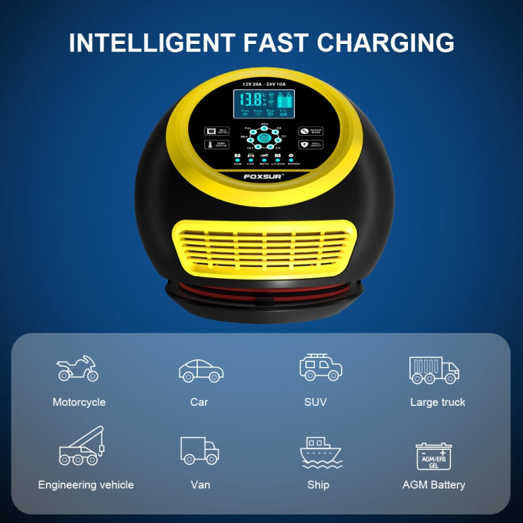 FOXSUR 20A 12V 24V Car / Motorcycle Smart Battery Charger, Plug Type:UK Plug(Yellow) - Battery Charger by FOXSUR | Online Shopping UK | buy2fix