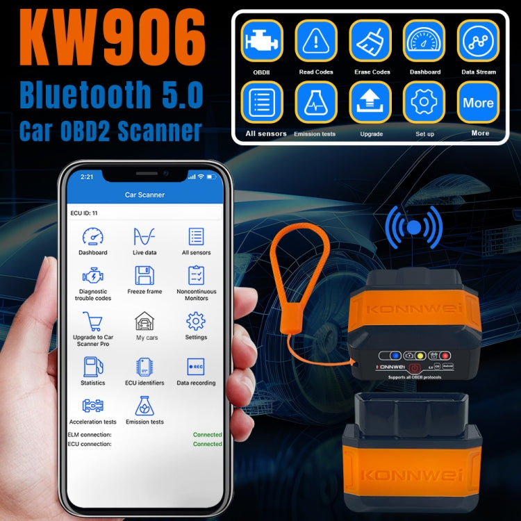 KONNWEI KW906 Bluetooth 5.0 Car OBD2 Scanner Support Android & iOS(Black Red) - Code Readers & Scan Tools by KONNWEI | Online Shopping UK | buy2fix