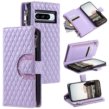 For Google Pixel 8 Pro Glitter Lattice Zipper Wallet Leather Phone Case(Purple) - Google Cases by buy2fix | Online Shopping UK | buy2fix