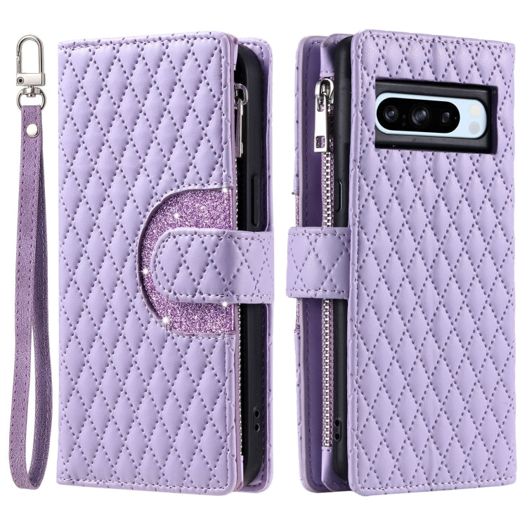 For Google Pixel 8 Pro Glitter Lattice Zipper Wallet Leather Phone Case(Purple) - Google Cases by buy2fix | Online Shopping UK | buy2fix