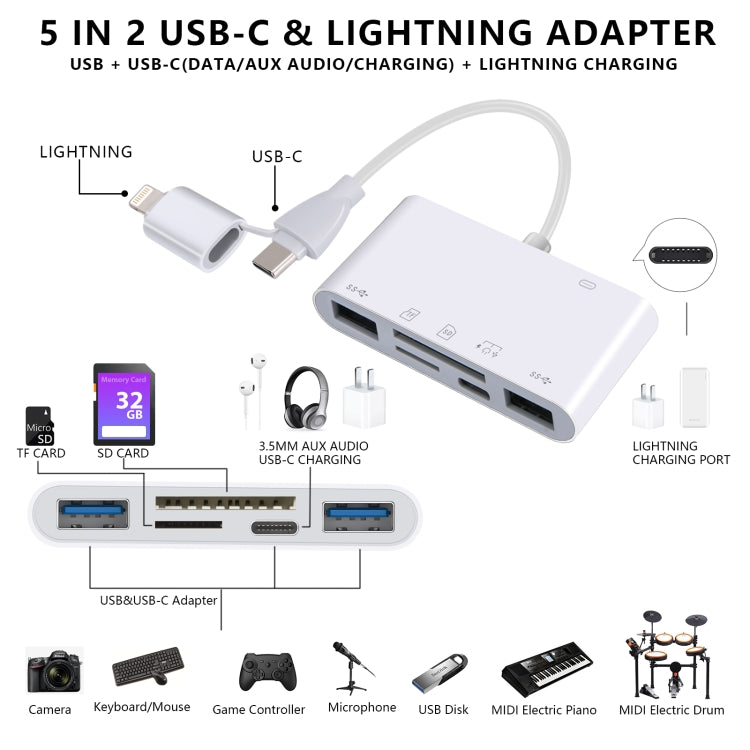 AJ-108PRO 6 in 2 USB-C / Type-C + 8 Pin Interface Multi-function Camera Card Reader(White) - U Disk & Card Reader by buy2fix | Online Shopping UK | buy2fix