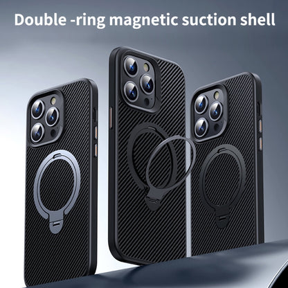 For iPhone 16 Pro Max Double Ring MagSafe Holder Carbon Fibre Phone Case(Black) - iPhone 16 Pro Max Cases by buy2fix | Online Shopping UK | buy2fix