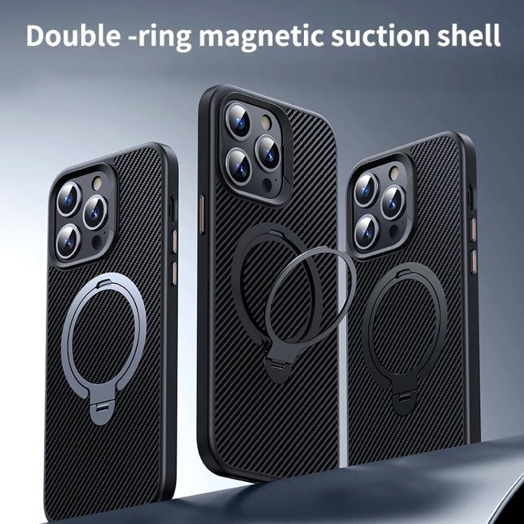 For iPhone 16 Pro Double Ring MagSafe Holder Carbon Fiber Phone Case(Black) - iPhone 16 Pro Cases by buy2fix | Online Shopping UK | buy2fix