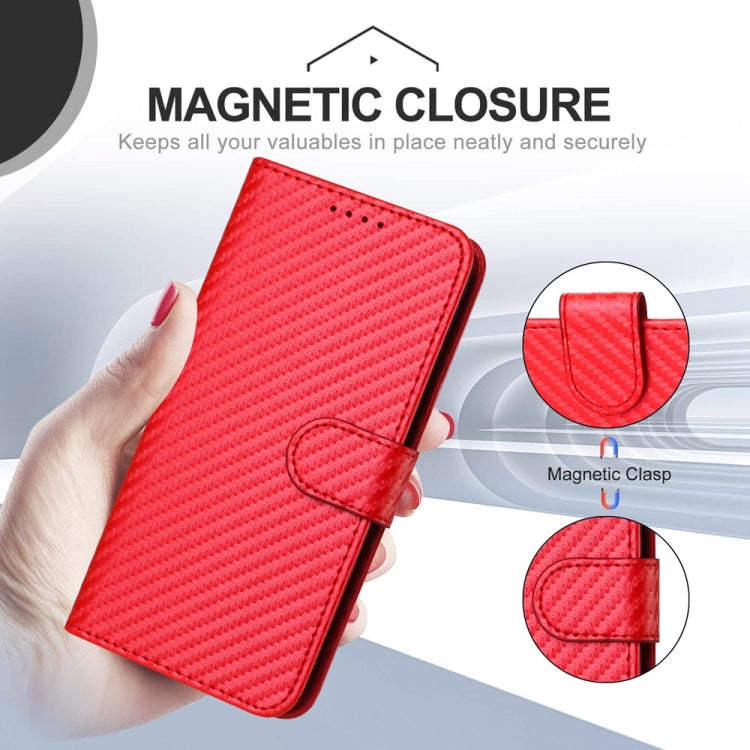 For iPhone 16 YX0070 Carbon Fiber Buckle Leather Phone Case with Lanyard(Red) - iPhone 16 Cases by buy2fix | Online Shopping UK | buy2fix