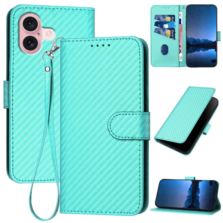 For iPhone 16 YX0070 Carbon Fiber Buckle Leather Phone Case with Lanyard(Light Blue) - iPhone 16 Cases by buy2fix | Online Shopping UK | buy2fix