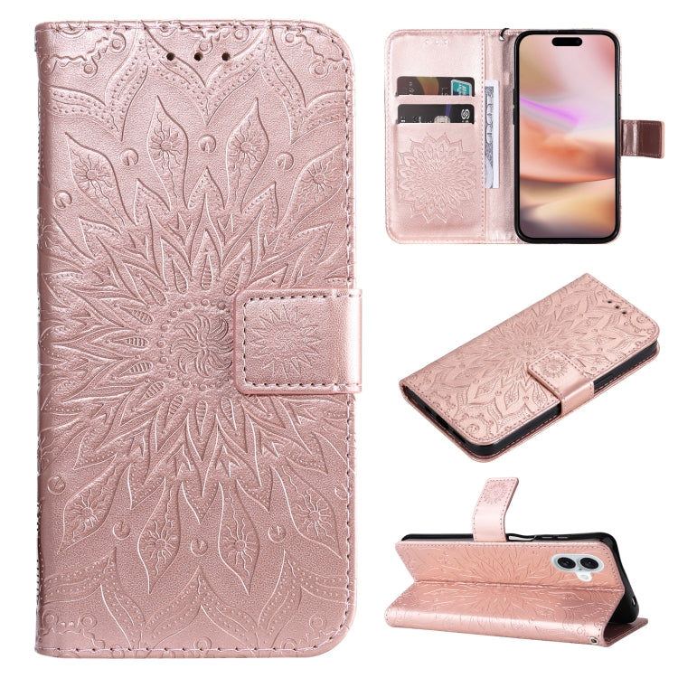 For iPhone 16 Plus Embossed Sunflower Pattern Flip Leather Phone Case(Rose Gold) - iPhone 16 Plus Cases by buy2fix | Online Shopping UK | buy2fix