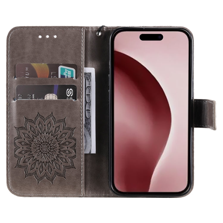 For iPhone 16 Pro Embossed Sunflower Pattern Flip Leather Phone Case(Grey) - iPhone 16 Pro Cases by buy2fix | Online Shopping UK | buy2fix