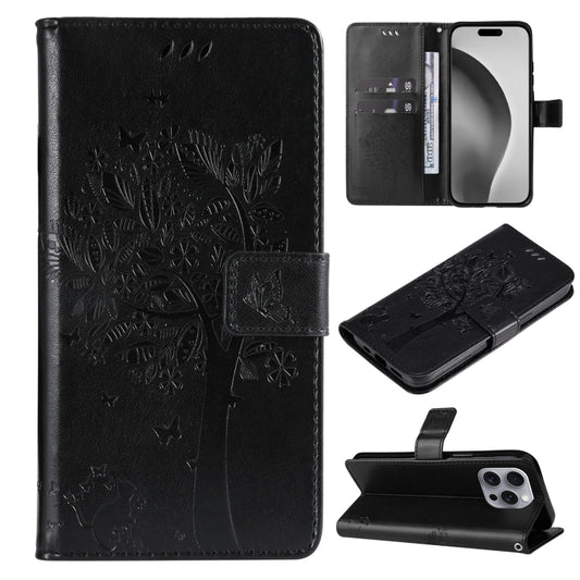 For iPhone 16 Pro Max Tree & Cat Embossed Pattern Flip Leather Phone Case(Black) - iPhone 16 Pro Max Cases by buy2fix | Online Shopping UK | buy2fix