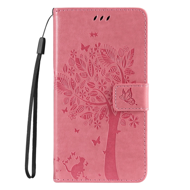 For iPhone 16 Tree & Cat Embossed Pattern Flip Leather Phone Case(Pink) - iPhone 16 Cases by buy2fix | Online Shopping UK | buy2fix