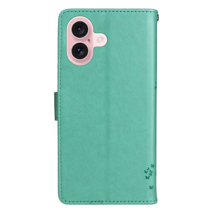 For iPhone 16 Tree & Cat Embossed Pattern Flip Leather Phone Case(Green) - iPhone 16 Cases by buy2fix | Online Shopping UK | buy2fix