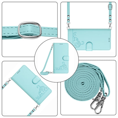 For OnePlus 11 Cat Rat Embossed Pattern RFID Leather Phone Case with Lanyard(Mint Green) - OnePlus Cases by buy2fix | Online Shopping UK | buy2fix