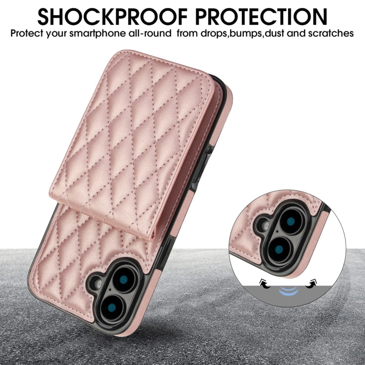 For iPhone 16 YM015 Crossbody Rhombic Card Bag RFID Phone Case(Rose Gold) - iPhone 16 Cases by buy2fix | Online Shopping UK | buy2fix